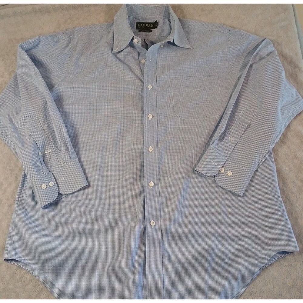 Lauren Ralph Lauren Mens Dress Shirt Blue Micro Check 16.5 32/33 Long Sleeve...